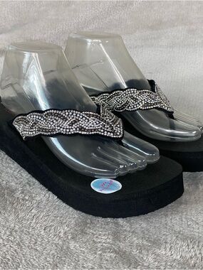 Skechers Cali Vinyasa Platform Sandals Womens Size 10 Black Rhinestone Foam
